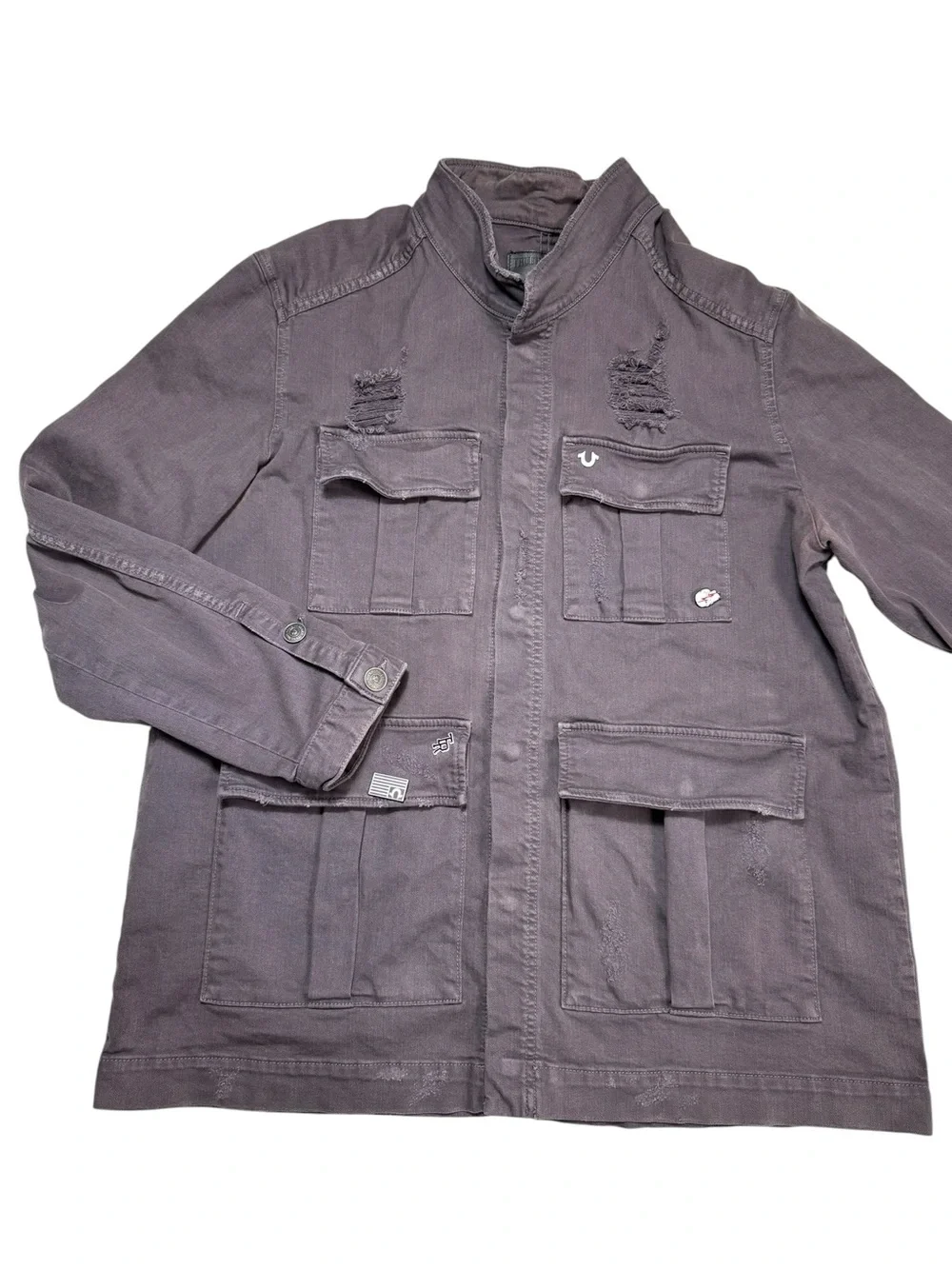 True Religion Brand Jeans Distressed Military Cotton Jacket In Charcoal Size 3XL